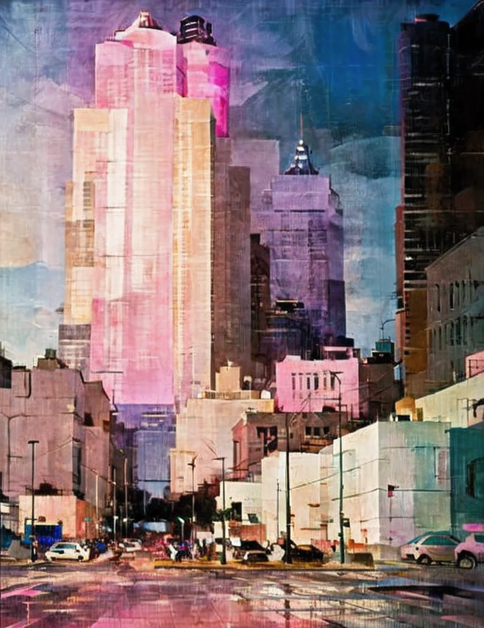 Surrealism, Color Field painting, modern, Minimalism of a cyber punk city at night, pink neon lights, glass buildings, pink neon signs, raining, towering skyscrapers