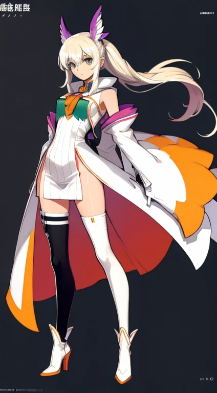 (((Best Quality))) , ((full body)), female, character design, solo, (white background), holding staff, gloves, thigh high, side slit trench skirt, blue, orange, green, violet, brown, white, colorful outfit, bare arms,