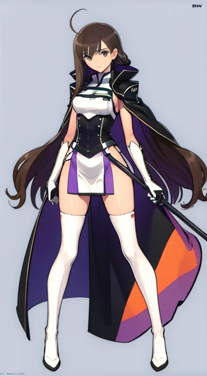 (((Best Quality))) , ((full body)), female, character design, solo, (white background), holding staff, gloves, thigh high, side slit trench skirt, blue, orange, green, violet, brown, white, colorful outfit, bare arms,