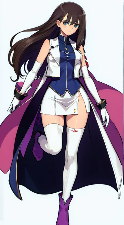 (((Best Quality))) , ((full body)), female, character design, solo, (white background), holding staff, gloves, thigh high, side slit trench skirt, blue, orange, green, violet, brown, white, colorful outfit, vest, bare arms,