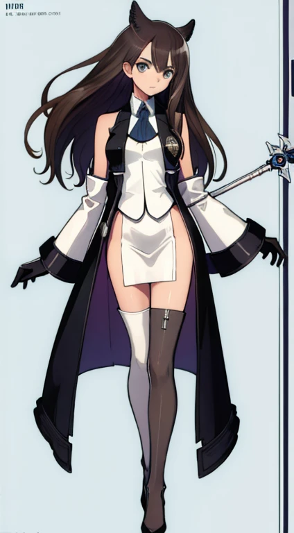 (((Best Quality))) , ((full body)), female, character design, solo, (white background), holding staff, gloves, thigh high, side slit trench skirt, blue, orange, green, violet, brown, white, colorful outfit, vest, bare arms,