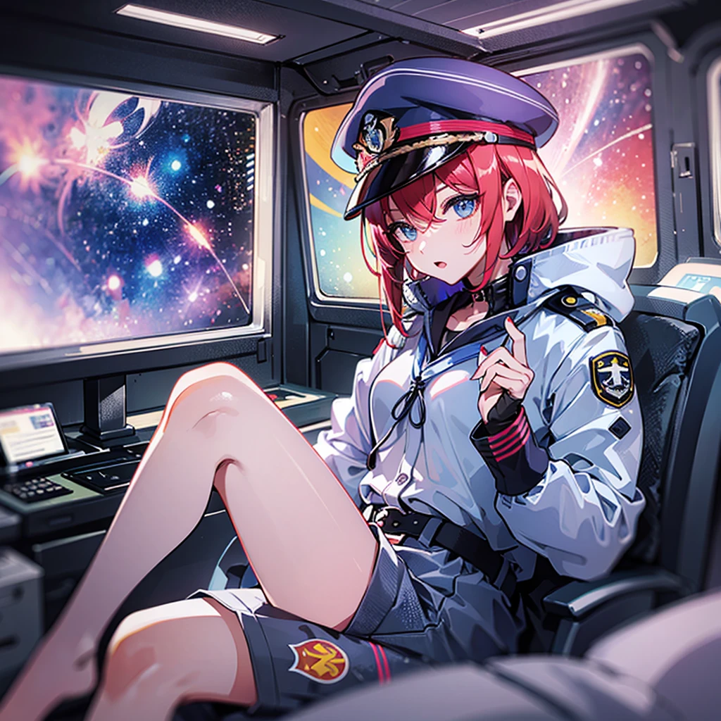 (((masterpiece、Top image quality、top-quality)))、(Illustration of one woman)、30-years old、(Viceroy)、((Red-haired shorthair))、(Thin hair hanging down both sides of the face)、Blue eyes、((Tall))、((Muscle Woman、stocky build、muscular legs、broad shoulders、solid chest))、((Military uniforms))、((Military Cap))、((Military coat))、(white clothes)、(White pants)、(White cap)、trench coat、、(((manspreading、Sitting in the captain's seat)))、(((Inside a futuristic spaceship、Surrounded by instruments and monitors、The Universe on the Monitor、Earth seen from space)))