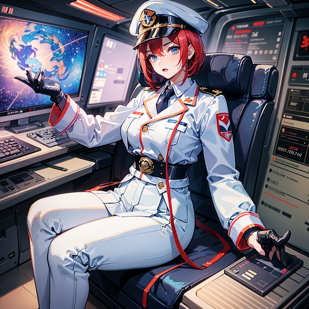 (((masterpiece、Top image quality、top-quality)))、(Illustration of one woman)、30-years old、(Viceroy)、((Red-haired shorthair))、(Thin hair hanging down both sides of the face)、Blue eyes、((Tall))、((Muscle Woman、stocky build、muscular legs、broad shoulders、solid chest))、((Military uniforms))、((Military Cap))、((Military coat))、(white clothes)、(White pants)、(White cap)、trench coat、、(((manspreading、Sitting in the captain's seat)))、(((Inside a futuristic spaceship、Surrounded by instruments and monitors、The Universe on the Monitor、Earth seen from space)))