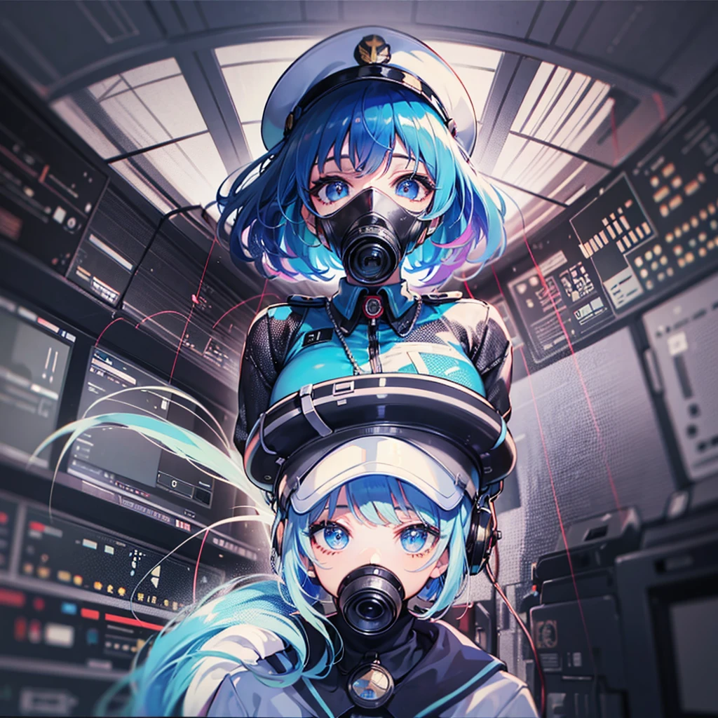 (((masterpiece、Top image quality、top-quality)))、(Illustration of one woman)、30-years old、(Viceroy)、((Black hair bob cut))、(((Gas mask covering the mouth)))、(((Gas mask covering the mouth)))、Gray eyes、((Tall))、((huge tit))、((Military uniforms))、((Military Cap))、((Military coat))、(white clothes)、(White pants)、(White cap)、trench coat、(((Sitting in the captain's seat)))、(((Inside a futuristic spaceship、Surrounded by instruments and monitors、The Universe on the Monitor、Earth seen from space)))