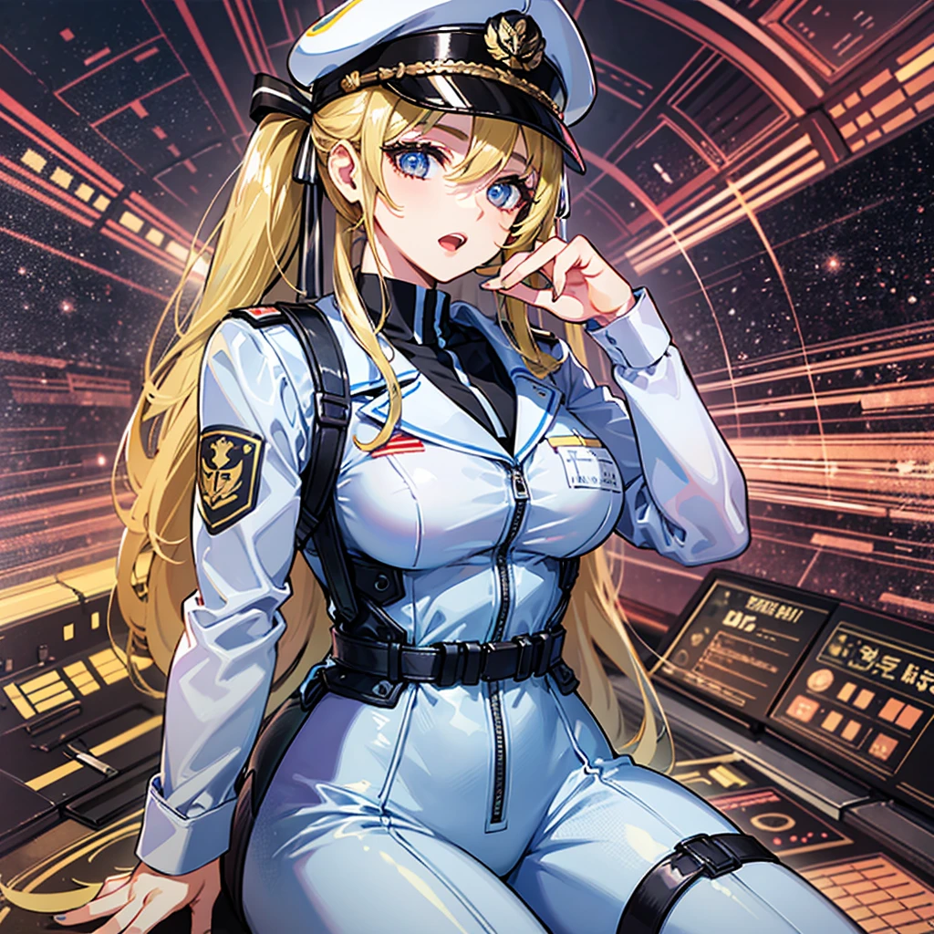 (((masterpiece)))、(((Top image quality)))、(((top-quality)))、(((highly detailed unity 8kwall-paper)))、(Illustration of one woman)、full bodyesbian、30-years old、(((neuter)))、((Blonde twintails))、Light golden eyes、((Tall))、(((Muscular and strong body)))、(((Split abs)))、(((muscular and thick arms)))、(((muscular and thick legs)))、(((manspreading)))、((Military uniforms))、((Military Cap))、((Military coat))、(white clothes)、(White pants)、(White cap)、trench coat、((Inside the spaceship、Sitting in the captain's seat))