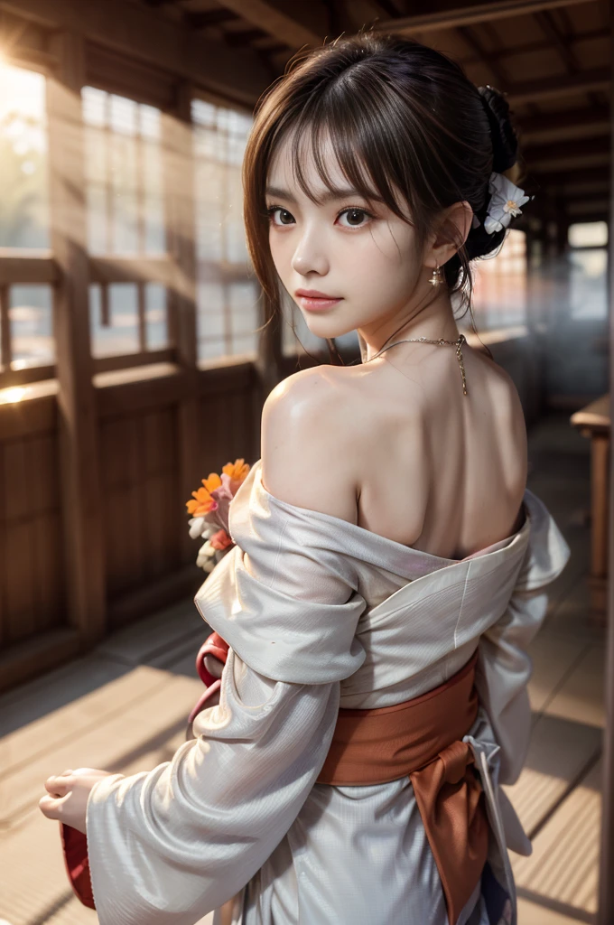 ((RAW shooting:1.5)), (Photoreal Stick:1.5, masutepiece:1.5, 8K), (top-quality, masterpiece, 超A high resolution), morning, January, Precincts of the shrine, ((fog the lens:1.4)), ((Shoot with blur:1.5)), ((sunrises, Sunlight coming in from behind:1.6, Strong sunlight spreads across the screen:1.6)), ((Strong sunlight shines on a woman:1.7)), ((The entire screen appears white and hazy due to strong sunlight.:1.8)), ((The woman looks blurry due to the strong sunlight:1.9)), Face Sharp Focus:1.3, Professional camera work:1.3, Highly detailed skin and facial texture:1.3, Grow Light Effect, The ultra-detailliert:1.3, 1girl in, Fair skin, (Sense of clarity:1.4, a small face), Extremely beautiful face:1.5, (Sense of clarityを感じる目:0.9, looking distantly), A smile:1.0, (Slightly open mouth:0.4, Sense of clarityを感じる口当たり:0.7), 二重まぶた, Dark brown medium hair, necklace and earrings, (Japanese kimono off shoulder)