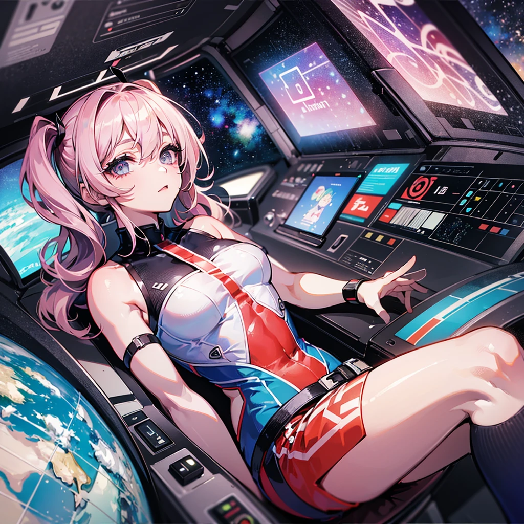 (((masterpiece、Highest image quality、highest quality、highly detailed unity 8kwallpaper)))、((Illustration of one adult))、((25 years old))、(pilot)、(((Beautiful girl with a beautiful face、The body is a man)))、(((Twintails with pink hair)))、Light gray eyes、((tall))、((Muscular strong man's body))、((Muscular strong man's body、solid chest、muscular chest plate、abs、muscular and thick arms、muscular and thick legs))、(((白いpilotスーツ)))、((manspreading、Sitting in the cockpit))、((space fighter cockpit、The Universe on the Monitor、Earth seen from space))