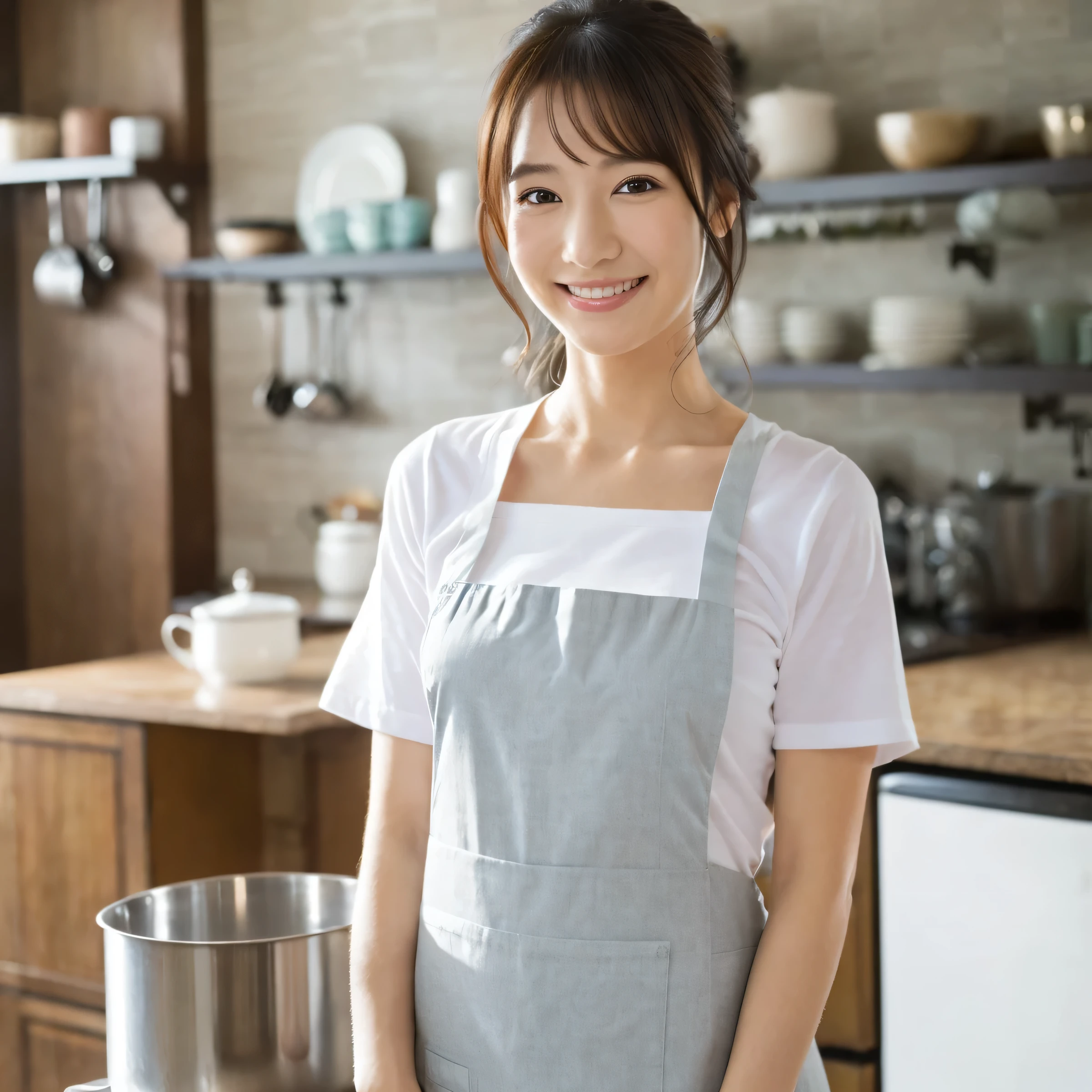 (in 8K、Raw photography、top-quality、masterpiece:1.2)、30-years old、(japanes)、1人の女性、A detailed face、A detailed eye、Detailed mouth、Cooking、Being in the kitchen、Wearing an apron、holding strawberries in your hands