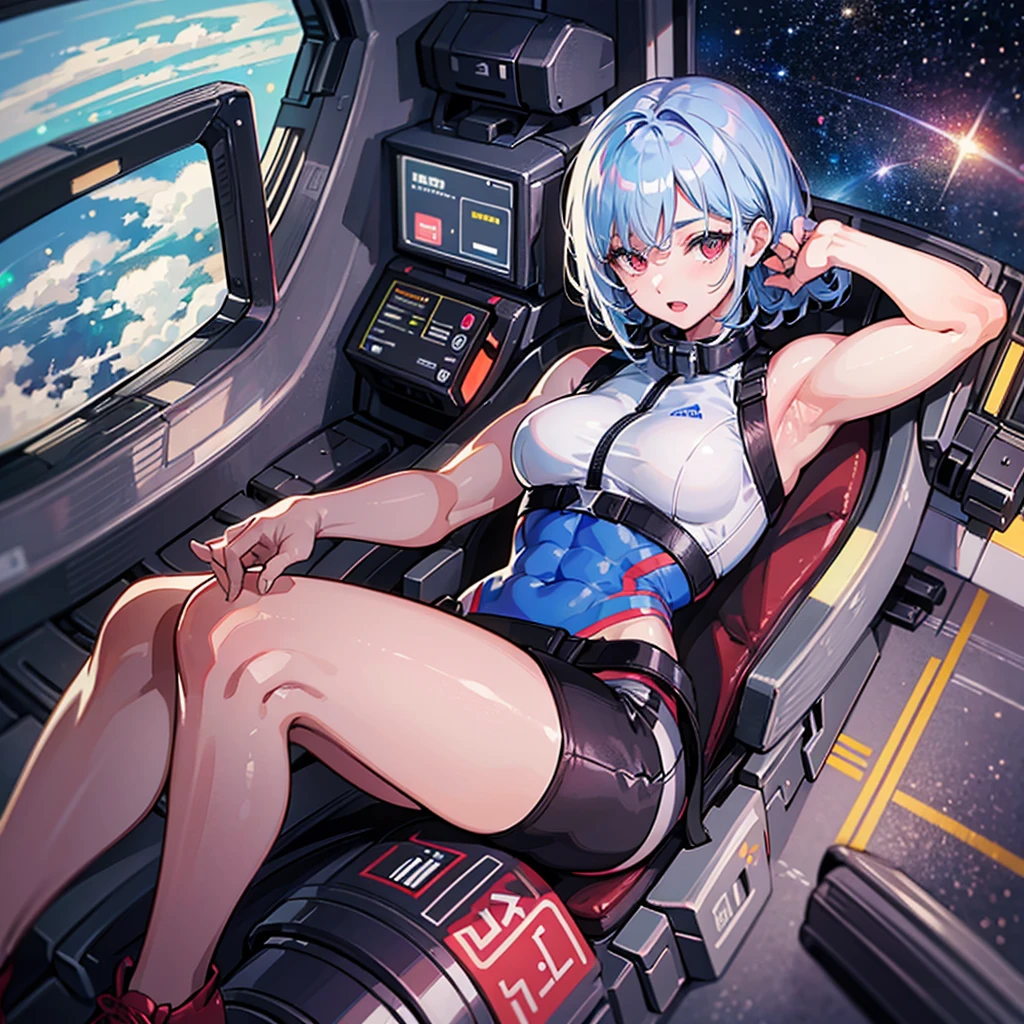 (((masterpiece)))、(((Top image quality)))、(((top-quality)))、((Illustration of one adult))、(((Muscle Girl)))、(((blue silver short hair)))、Red eyes、((Tall))、((Muscular and strong body))、abdominals、((muscular and thick arms))、((muscular and thick legs))、((manspreading))、opening legs、(((White pilot suit)))、((Inside the cockpit、sitting in the pilot seat))、(The Universe on the Monitor、Earth seen from space、Spaceport)