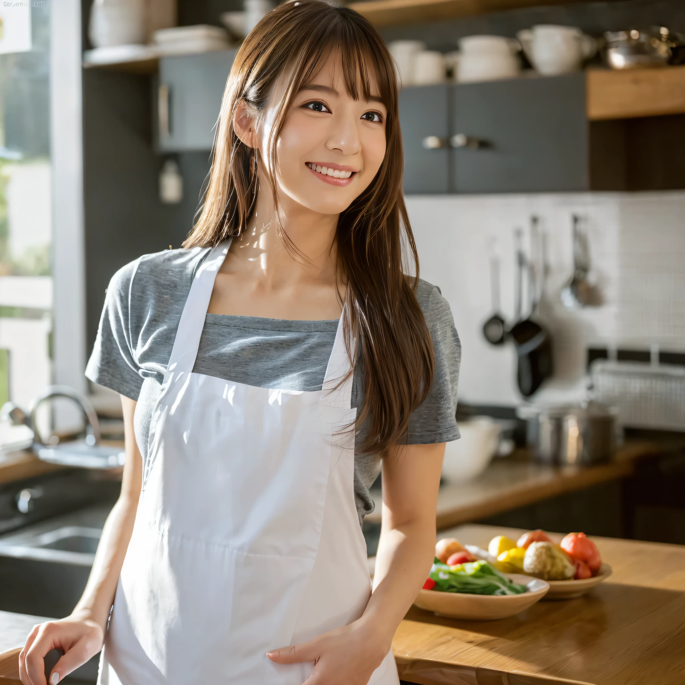 8K,(Raw photo),(Best Quality),( (masutepiece:1.5)),(ultra-detailliert),(超A high resolution,),( (Realistic, photo Realistic:1.5)),(extremely detailed, 8K wallpaper),(extremely detailed beautiful woman in her 30s),(extremely detailed face, extremely),(Take beautiful full body photos),(Detailed eyes, extremely detailed skin),(extremely detailed fingers),(extremely detailed nose),(Girls here are styling their straight hair),(She has a gentle smile),(She is wearing a neat apron over a white T-shirt),(The background is a typical Japanese kitchen)