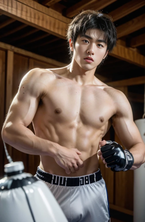 1 handsome Japanese guy，26 year old，Fighters，Kota Miura，Confident and masculine，Ruffian，with short golden hair，Battle damage，Boxing gloves and punching bags，tall，Muscles look good，hairy bodies，Wheat complexion，黑The eye（thin eyes 1：3），fully body photo