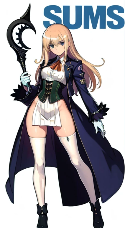 (((Best Quality))) , ((full body)), female, character design, solo, (white background), holding staff, gloves, thigh high, side slit trench skirt, blue, orange, green, violet, brown, white, colorful outfit, vest, bare arms, corset,