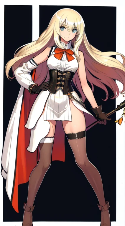 (((Best Quality))) , ((full body)), female, character design, solo, (white background), holding staff, gloves, thigh high, side slit trench skirt, blue, orange, green, violet, brown, white, colorful outfit, vest, bare arms, corset,