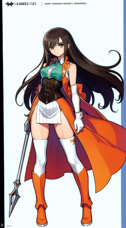 (((Best Quality))) , ((full body)), female, character design, solo, (white background), holding staff, gloves, thigh high, side slit trench skirt, blue, orange, green, violet, brown, white, colorful outfit, vest, bare arms, corset,
