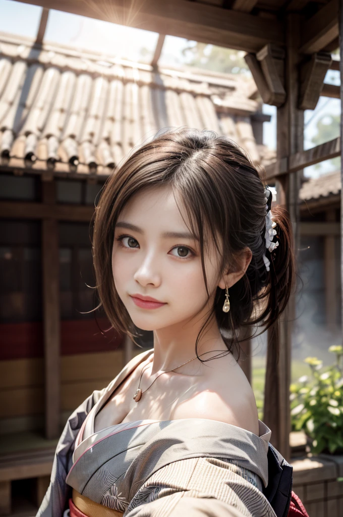 ((RAW shooting:1.5)), (Photoreal Stick:1.5, masutepiece:1.5, 8K), (top-quality, masterpiece, 超A high resolution), morning, January, Precincts of the shrine, ((fog the lens:1.4)), ((Shoot with blur:1.5)), ((sunrises, Sunlight coming in from behind:1.6, Strong sunlight spreads across the screen:1.6)), ((Strong sunlight shines on a woman:1.7)), ((The entire screen appears white and hazy due to strong sunlight.:1.8)), ((The woman looks blurry due to the strong sunlight:1.9)), Face Sharp Focus:1.3, Professional camera work:1.3, Highly detailed skin and facial texture:1.3, Grow Light Effect, The ultra-detailliert:1.3, 1girl in, Fair skin, (Sense of clarity:1.4, a small face), Extremely beautiful face:1.5, (Sense of clarityを感じる目:0.9, looking distantly), A smile:1.0, (Slightly open mouth:0.4, Sense of clarityを感じる口当たり:0.7), 二重まぶた, Dark brown medium hair, necklace and earrings, (Japanese kimono off shoulder)