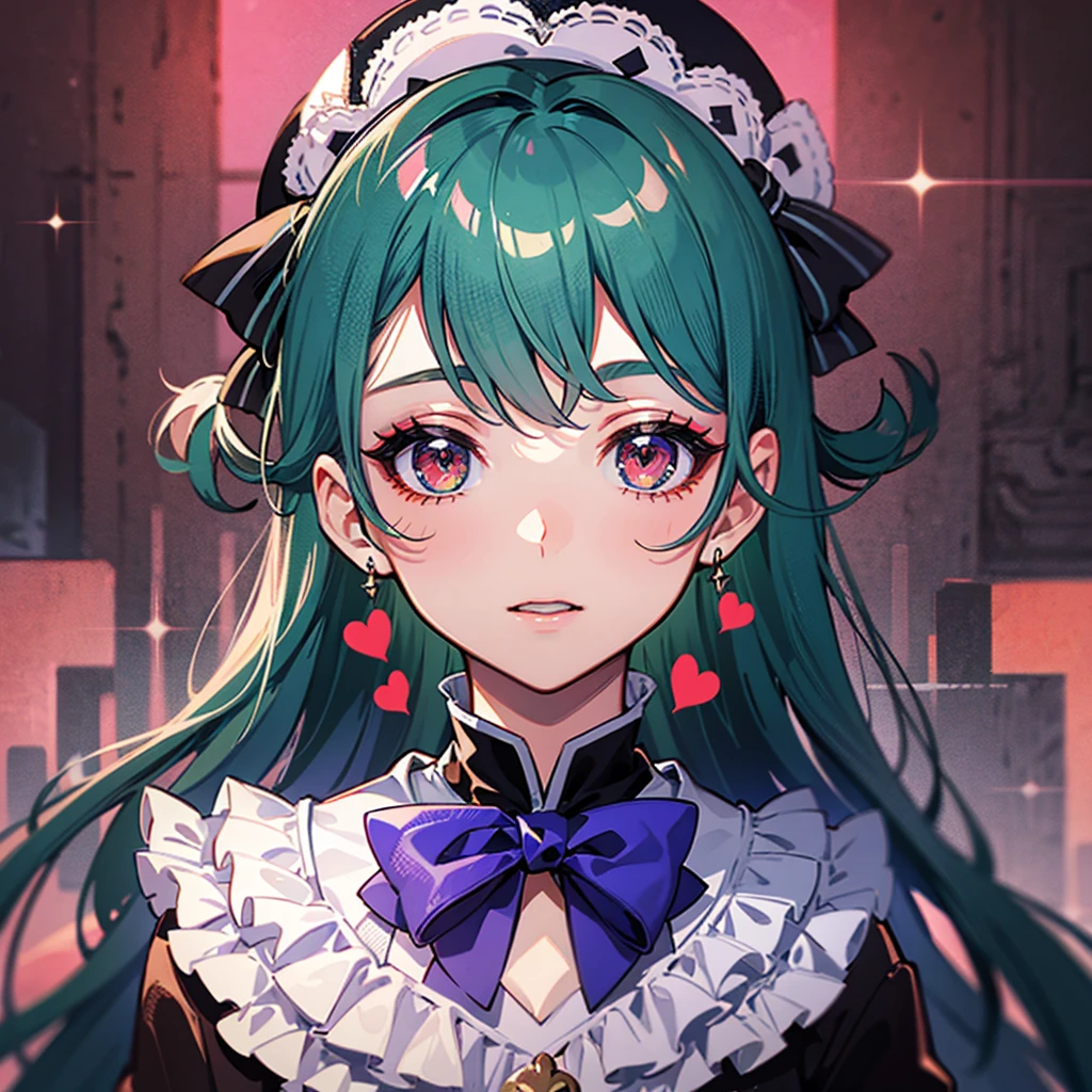 (((masterpiece、Top image quality、top-quality)))、((Illustration of one girl))、(jester)、((emerald green long straight hair))、(((Super tall)))、Red eyes、(((face with white makeup、Blue eyeliner、Makeup with a heart symbol around the left eye)))、((tuxedo、silk hat、cloaks))、((Circus stage、spot light))