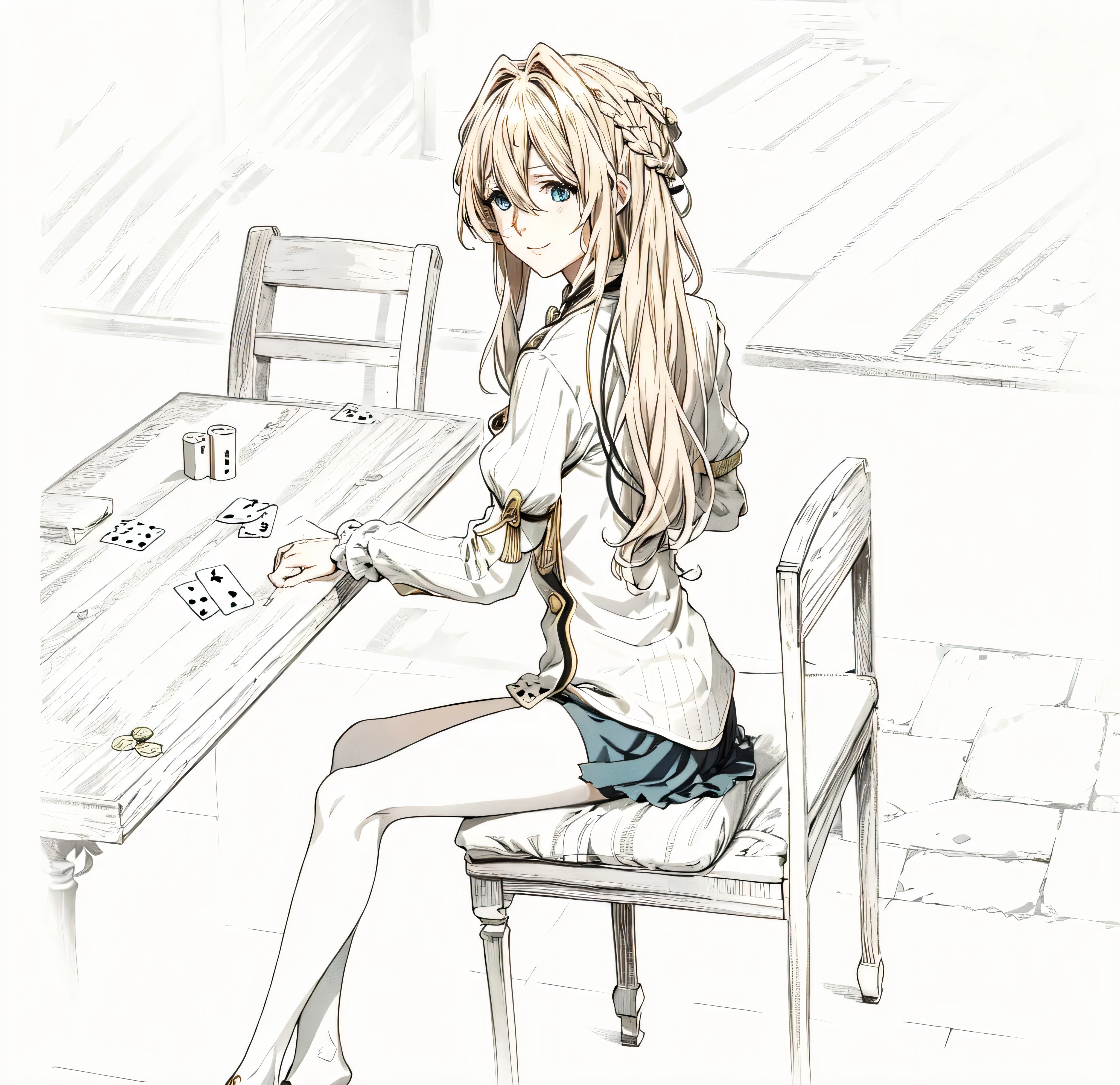 Violet Evergarden, long blonde hair, blue eyes, sitting on chair, smiling, playing cards, home outfit, civil clothing