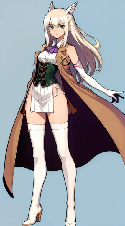 (((Best Quality))) , ((full body)), female, character design, solo, (white background), holding staff, gloves, thigh high, side slit trench skirt, blue, orange, green, violet, brown, white, colorful outfit, vest, bare arms, corset, summer outfit,