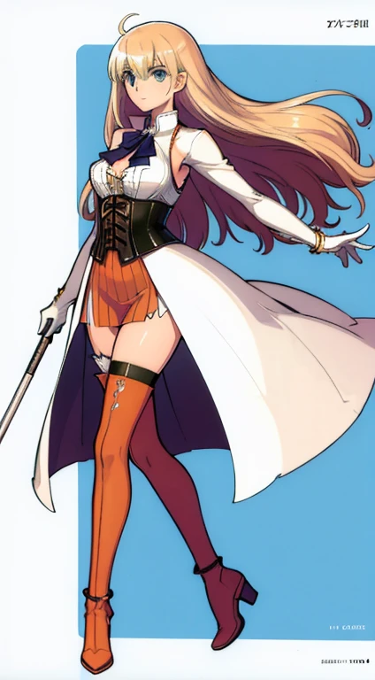 (((Best Quality))) , ((full body)), female, character design, solo, (white background), holding staff, gloves, thigh high, side slit trench skirt, blue, orange, green, violet, brown, white, colorful outfit, vest, bare arms, corset, summer outfit,