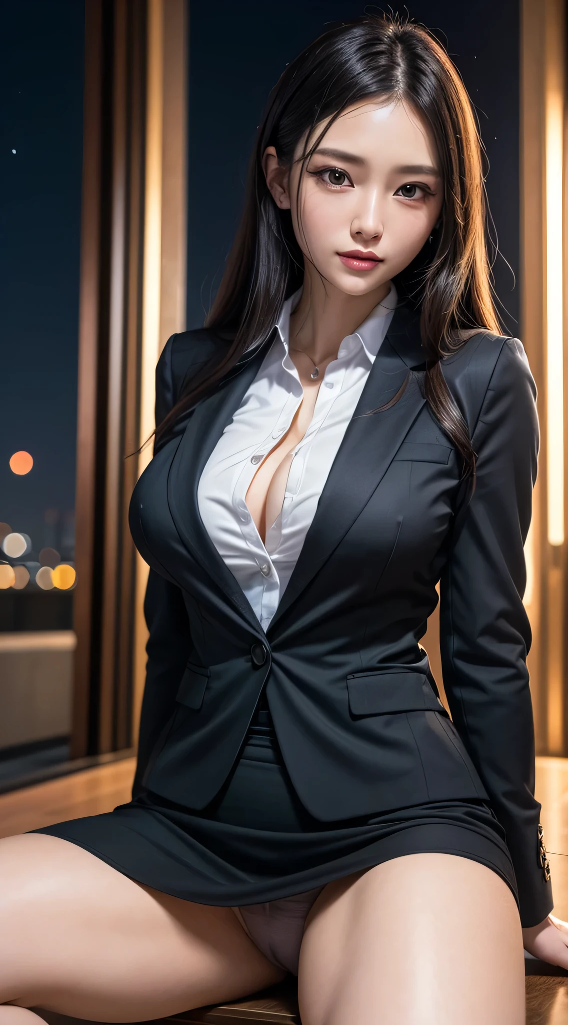 (1girl in), Beautiful, Amazing face and eyes, makeup, (extremely detailed beautiful face), (The sexiest look), (Beautiful big breasts:1.1), (Best Quality:1.4), (Ultra-detailed), (extremely detailed CG unified 8k wallpaper), Highly detailed, RAW Photos, Professional Photography, ((Business Suit)), (Tight skirt), (Business shirt with open), Sitting, (Spread your legs), Outdoors, (Business District, nightcity, illuminations), (nigh sky), depth of fields,