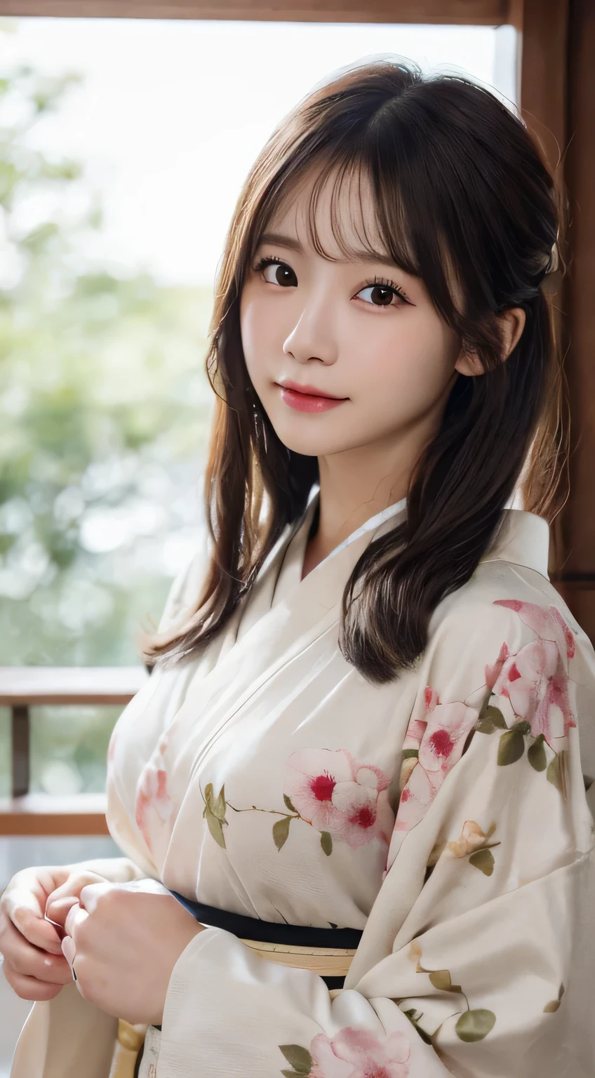 (Wear the kimono correctly,age19,no-makeup)、(top-quality,​masterpiece:1.3,超A high resolution,),(ultra-detailliert,Caustics),(Photorealsitic:1.4,RAW shooting),Ultra-realistic capture,A highly detailed,high-definition16Kfor human skin、 Skin texture is natural、The skin looks healthy with an even tone、 Use natural light and color、 Anatomically correct、One Woman,japanes,,kawaii,A dark-haired,Middle hair,(depth of fields、chromatic abberation、Wide range of lighting、Natural Shading)