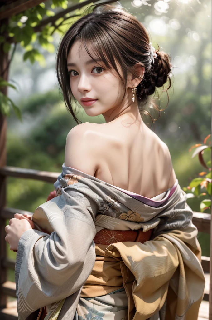 ((RAW shooting:1.5)), (Photoreal Stick:1.5, masutepiece:1.5, 8K), (top-quality, masterpiece, 超A high resolution), morning, January, Precincts of the shrine, ((fog the lens:1.4)), ((Shoot with blur:1.5)), ((sunrises, Sunlight coming in from behind:1.6, Strong sunlight spreads across the screen:1.6)), ((Strong sunlight shines on a woman:1.7)), ((The entire screen appears white and hazy due to strong sunlight.:1.8)), ((The woman looks blurry due to the strong sunlight:1.9)), Face Sharp Focus:1.3, Professional camera work:1.3, Highly detailed skin and facial texture:1.3, Grow Light Effect, The ultra-detailliert:1.3, 1girl in, Fair skin, (Sense of clarity:1.4, a small face), Extremely beautiful face:1.5, (Sense of clarityを感じる目:0.9, looking distantly), A smile:1.0, (Slightly open mouth:0.4, Sense of clarityを感じる口当たり:0.7), 二重まぶた, Dark brown medium hair, necklace and earrings, (Japanese kimono off shoulder)
