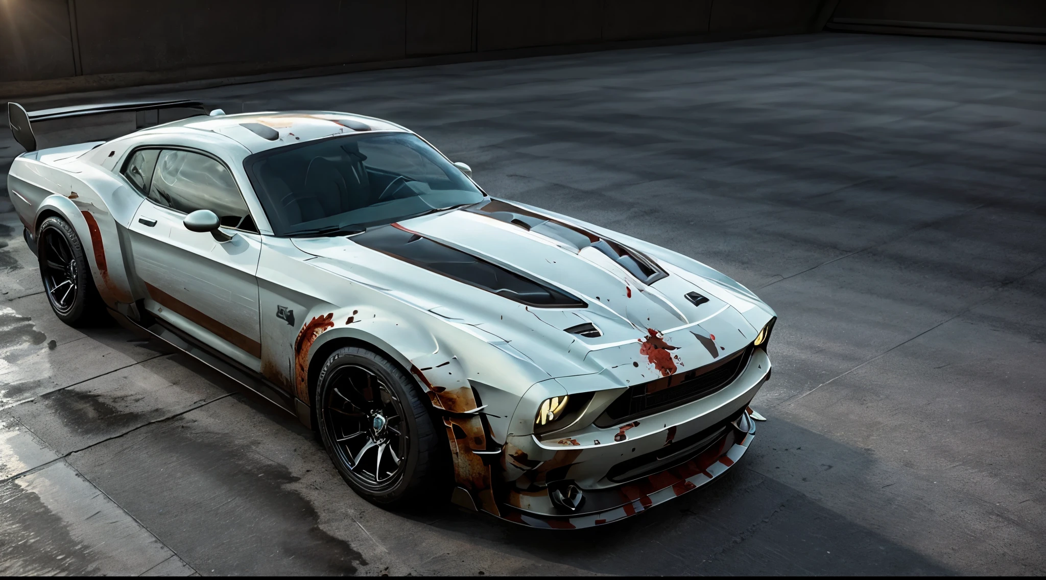 A beautifully drawn (((poster style portrait))) of a (futuristic scifi haunted silent hill world) featuring a sleek, (((white stripes dodge challenger hellcat style muscle car with blood stains splatter))) roadkill, against a backdrop of a (sunset) rustic, blood splatter stains, blood drops, driving down a desolate ruined city road, with a (War of the Worlds) atmosphere, The car encapsulates the dark, futuristic, and savior elements, as well as the sleek and distinctive nature of the Mustang car, evokes a sense of mystery and salvation, reflecting the car’s prominent role in the post-apocalyptic world, Fury” pays homage to the car’s powerful and distinctive presence, symbolizing its impact on the ruined world, effectively combines the futuristic, dark, and distinctive features of the Mustang car with the savior theme, It is a symbol of hope and salvation, offering a means of transportation and escape from the dangers that lurk in the desolate landscape, The car’s sleek design and powerful engine represent the resilience and determination of its owner, who relies on it to navigate through the harsh environment and survive, The futuristic Mustang car showcases a futuristic design, with advanced technology and a menacing appearance that sets it apart from other vehicles, Its dark color and sinister look convey a sense of danger and mystery, making it a formidable presence on the road, The car’s distinctive features, such as its aggressive grille and muscular body, contribute to its iconic status and make it a symbol of strength and power, with  (gigantic alien entity beings), dotted with alien being entities and futuristic machines, evoking a sense of war versus unknown forces amidst a (destroyed planet) backdrop (alien-like creatures and machines) evoking a War of the Worlds atmosphere, in the distance, advanced details that give the scene a (hyper realistic, 8K professional photography art) quality, with a (grungy) atmosphere that suggests an (eerie dark sinister moo