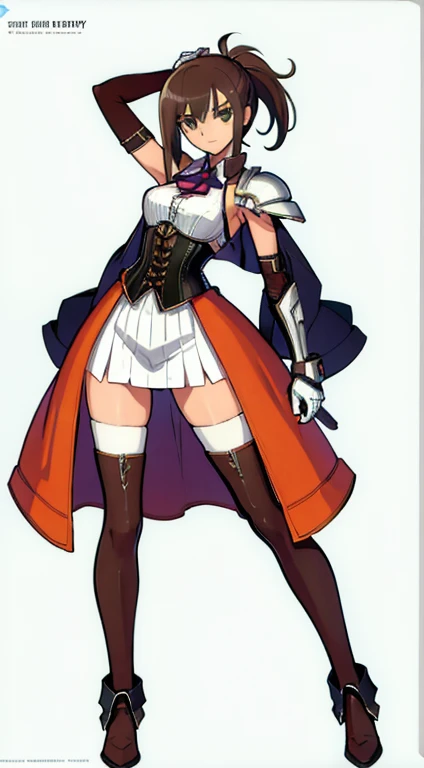 (((Best Quality))) , ((full body)), female, character design, solo, (white background), holding weapon, gloves, waist armor, thigh high, side slit trench skirt, blue, orange, green, violet, brown, white, colorful outfit, vest, bare arms, corset, shoulder armor,