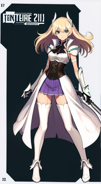 (((Best Quality))) , ((full body)), female, character design, solo, (white background), holding weapon, gloves, waist armor, thigh high, side slit trench skirt, blue, orange, green, violet, brown, white, colorful outfit, vest, bare arms, corset, shoulder armor,