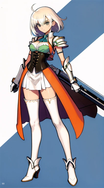 (((Best Quality))) , ((full body)), female, character design, solo, (white background), holding weapon, gloves, waist armor, thigh high, side slit trench skirt, blue, orange, green, violet, brown, white, colorful outfit, vest, bare arms, corset, shoulder armor,