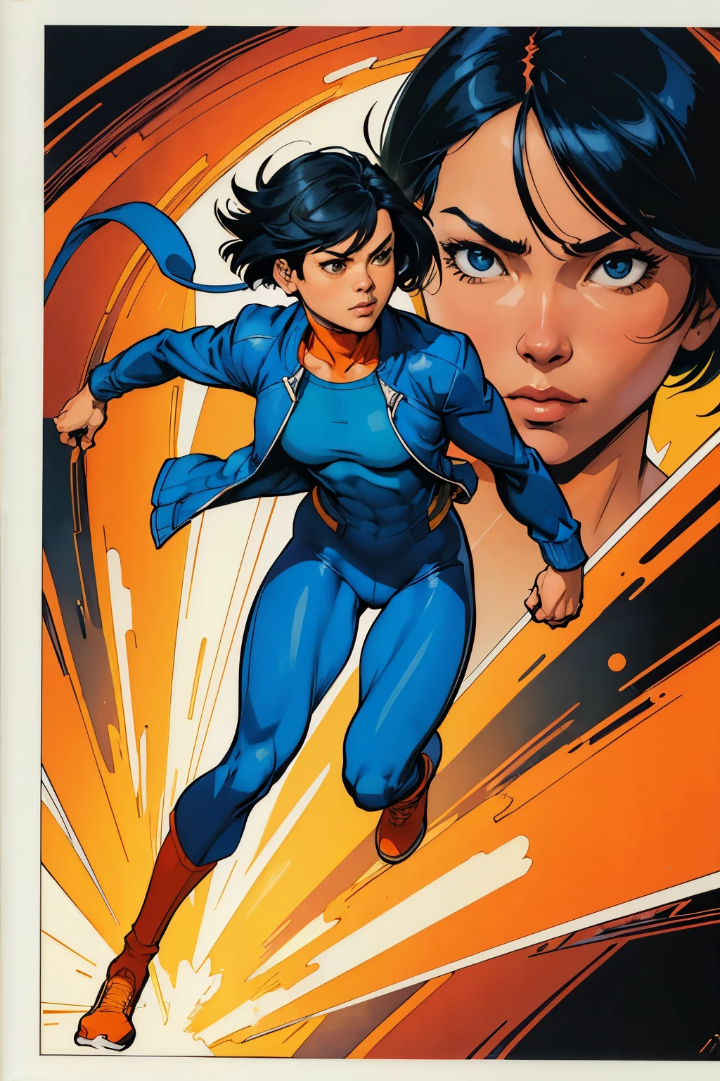 (comic style:1.3), (line art:1.5), (full body),(masterpiece, award winning, best quality:1.3), (flat color:1.3),(colorful:1.3)(comic book), 1 girl ((solo)), asian woman, super speedster, black hair (bob), wearing a short blue jacket over an orange spandex cat suit, (blue jaket), running, speed lines, watercolor painting, art by Jim lee, futuristic city, cinematic, masterpiece, , detailed background, detailed material textures, serious, realistic 1.35, muscular 1.2, art by Adam Hughes