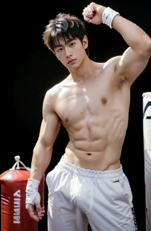 1 handsome Japanese guy,26 year old,Fighters,Kota Miura,Confident and masculine,Ruffian,with short golden hair,Battle damage,Boxing gloves and punching bags,tall,Muscles look good,hairy bodies,Wheat complexion,黑The eye(thin eyes 1:3),fully body photo