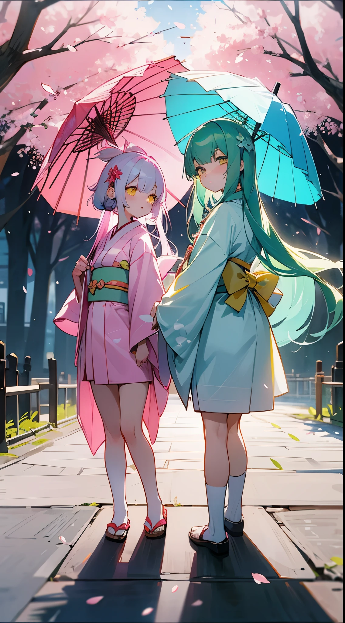 Cute 12 year old pair of twins, anime style, first twin with lime colored hair, second twin with light blue hair with yellow highlights, both have long hair, both in white kimonos, both have bangs, both kimonos having hair color highlights, pink cherry blossoms trees, with pink leaves falling, first twin with glowing lime eyes, second twin with glowing yellow eyes, both have matching colored umbrellas, both cold stare towards me, both full body image, and both back to back. Kawaii, Japanese.