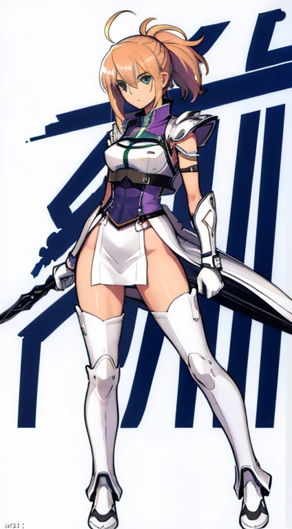 (((Best Quality))) , ((full body)), female, character design, solo, (white background), holding weapon, gloves, waist armor, thigh high, side slit trench skirt, blue, orange, green, violet, brown, white, colorful outfit, vest, bare arms, shoulder armor,
