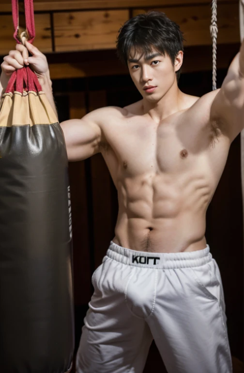 1 handsome Japanese guy,26 year old,Fighters,Kota Miura,Confident and masculine,Ruffian,with short golden hair,Boxing gloves and punching bags,tall,Muscles look good,hairy bodies,Wheat complexion,黑The eye(thin eyes 1:3),fully body photo
