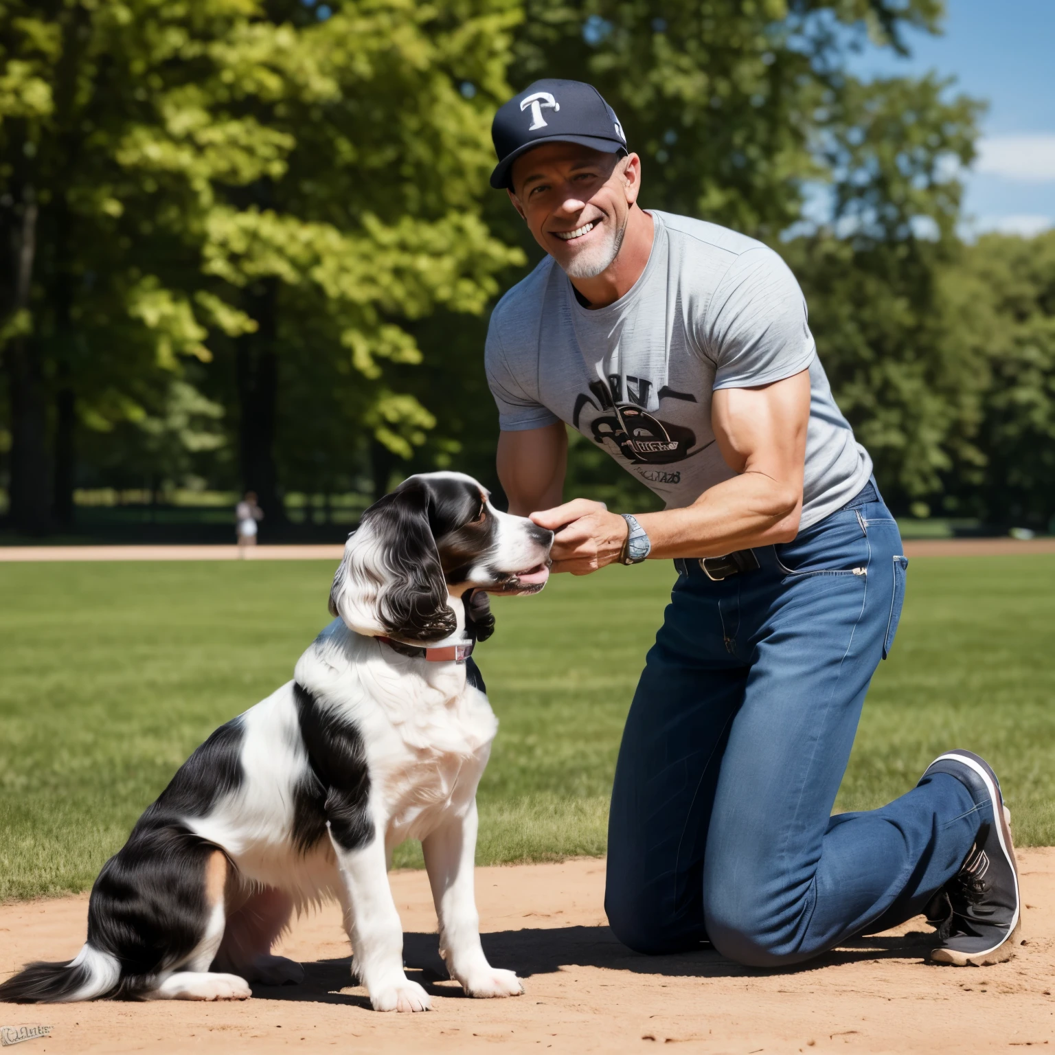 Ultra high definition, 8k, realistic, perfect lighting, sunny day, 47 year old white American male, fit, toned appearance, handsome, good looking, nice smile, wearing a baseball hat, jeans and t-shirt. Playing fetch with a black and white English springer spaniel puppy at a park by the lake, happy, having fun