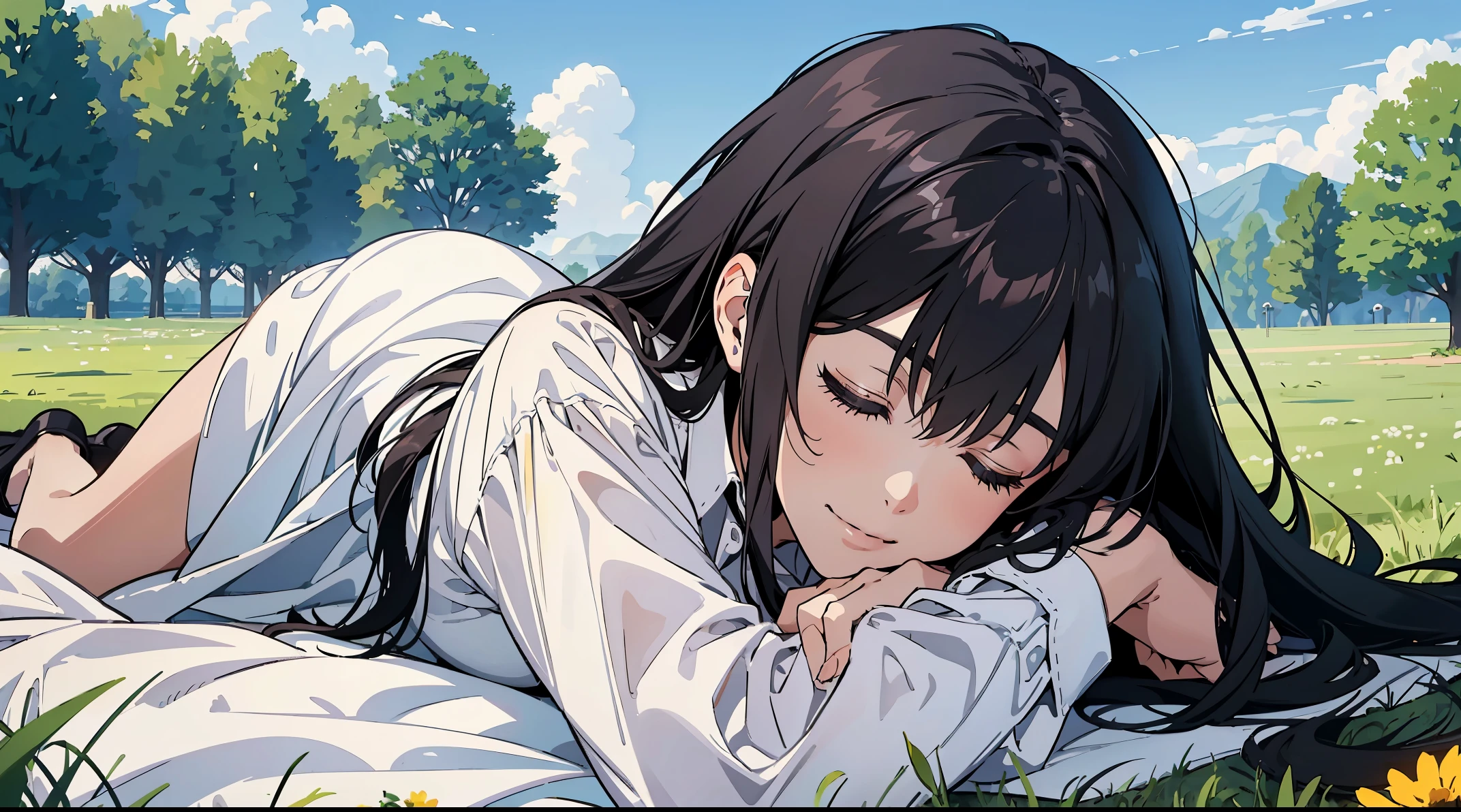 beautifull face, Black long hair, Pretty Girl ,white long sleeve dress shirt, the anime, 1 girl sleeping, slightly smile, Shinkai Makoto, Close your eyes completely, Sunny, lying in the field