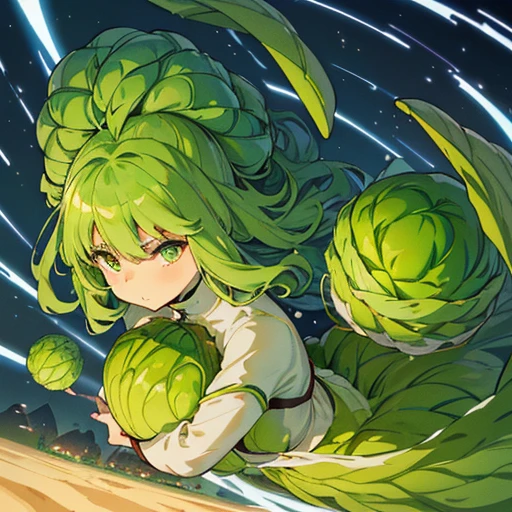 A heavily armored oversized Afro girl in vegetable cake armor who serves an oversized vegetable.、Amazing dynamism、Amazing Angle、Unstable buoyancy sandstorm、((((Many friendly red vegetables are closely floating and chasing each other.))))、((surround each other'large vegetable))、(((Spiral-shaped vegetables are scattered)))、