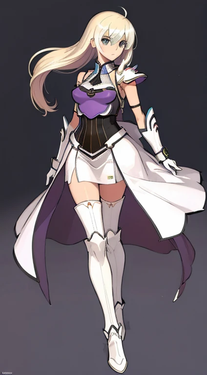 (((Best Quality))) , ((full body)), female, character design, solo, (white background), holding weapon, gloves, waist armor, thigh high, side slit trench skirt, blue, orange, green, violet, brown, white, colorful outfit, vest, bare arms, huge shoulder armors,