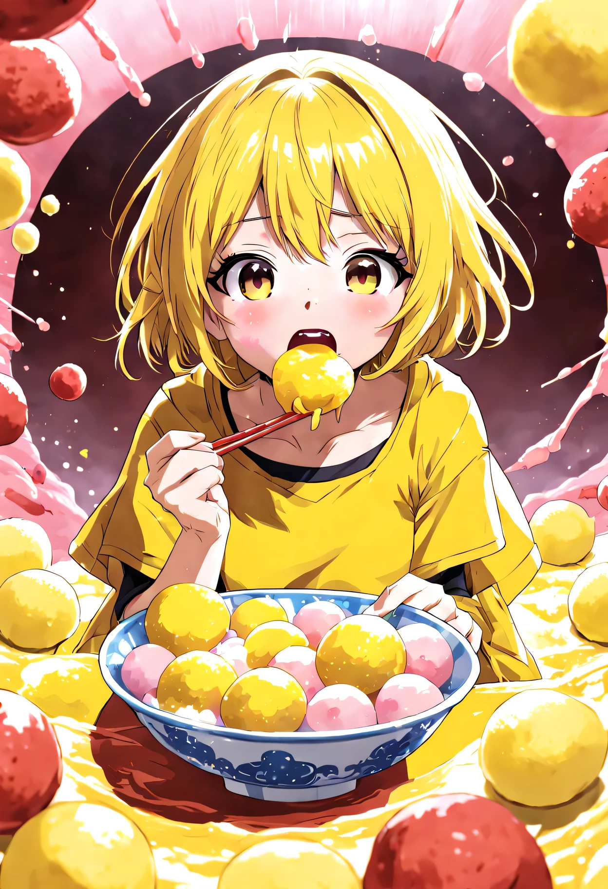 v5lcn style,anime girl eating mochi、The ultra -The high-definition、masutepiece、topquality、