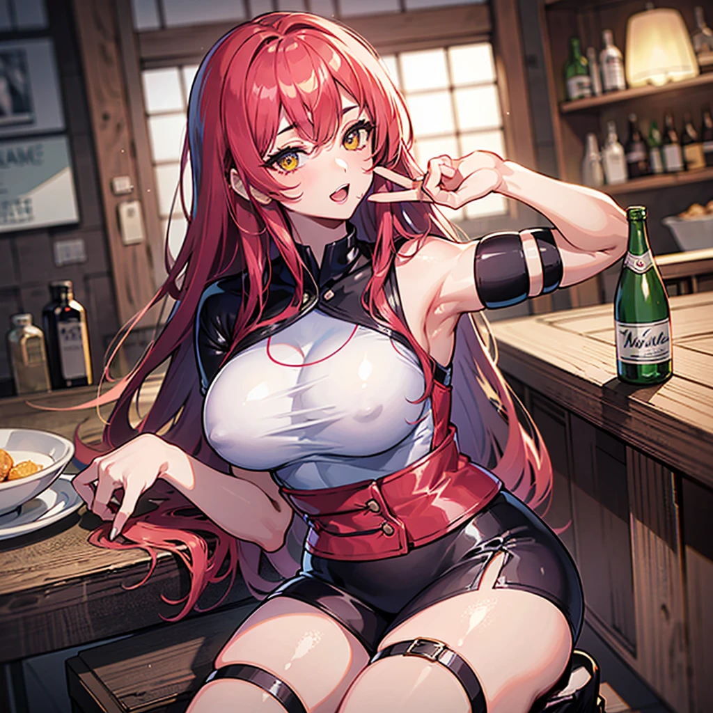 (((masterpiece、Top image quality、top-quality、highly detailed unity 8kwall-paper)))、(((Illustration of one girl)))、(adventurer)、(((neuter)))、a cool、((Long hair with red hair))、Golden eyes、((Tall))、(((Muscular and strong body)))、(((Muscle Girl、Muscular and strong body、Split abs、muscular and thick arms、muscular and thick thighs)))、(((manspreading、Sitting on a chair)))、(((Clothing in the style of the Middle Ages、adventurer風の服、adventurer風の装備)))、(Medieval tavern、Liquor bottle on the table)