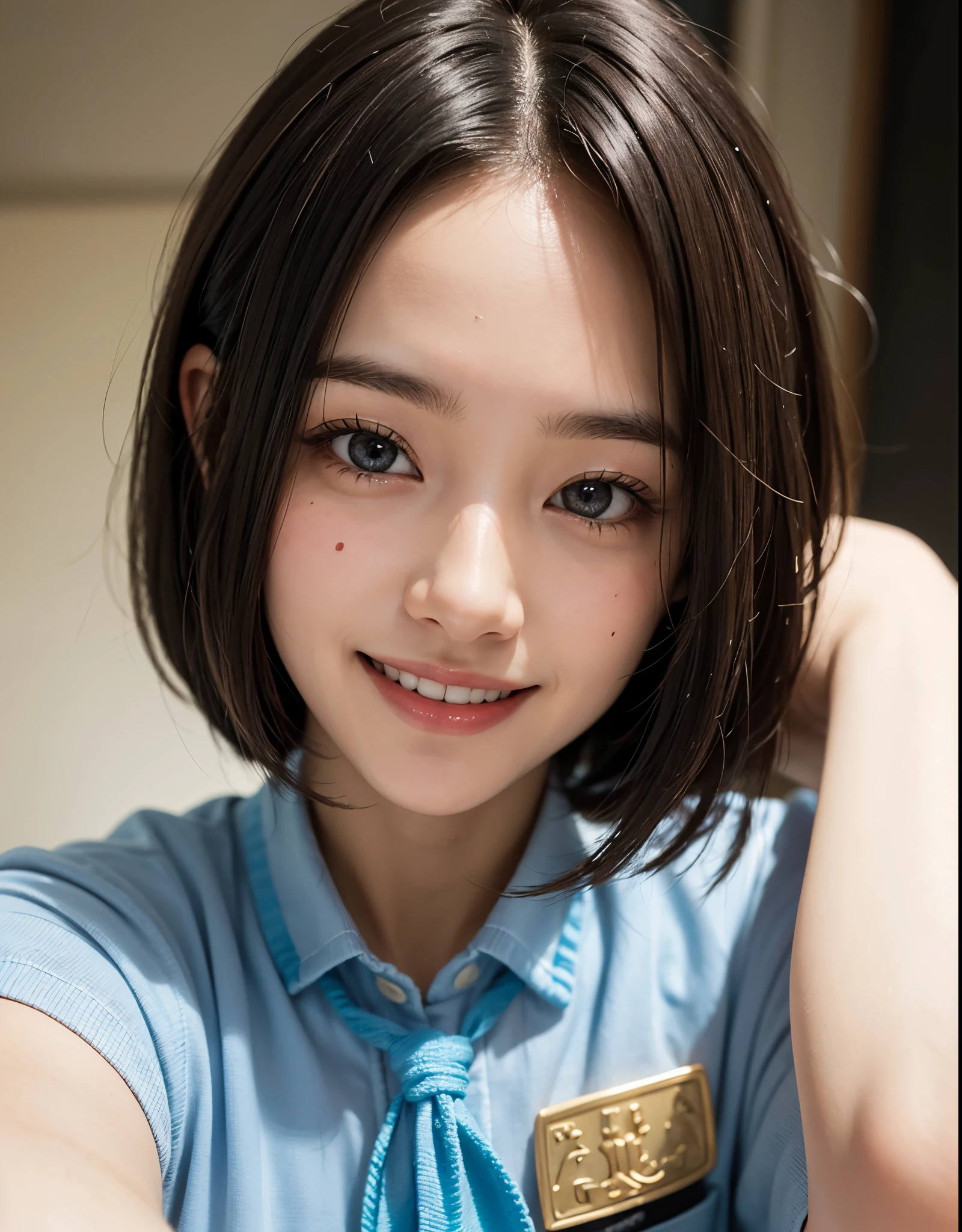 Best Quality, masutepiece, 超A high resolution, (Photorealistic:1.4), ((Face Up))、((macro raw photo)), 2girls, short-hair, Indoor, 、Detailed eyes,sparkly eyes,(realisticeyes),delicated face,realskin,detailed hairs,Detailed skin,Beautiful face,((Smiling))、I'm showing my teeth and smiling、Happy smile、selfee、chum、Same uniform,