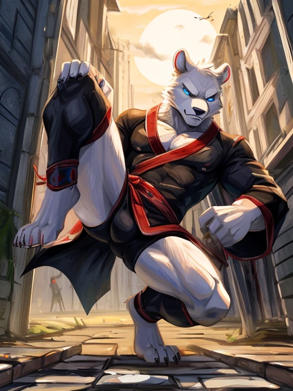 A barefoot ice bear ninja in a black kimono and delivers a powerful high kick. The detailed rendering of his bare feet with sharp claws and white fur adds to the intensity of the image. The ninja's entire figure is depicted in a dynamic pose that shows his strength and agility. Detailed paws with bandages and claws, green glow in his eyes. Background of a training ground.