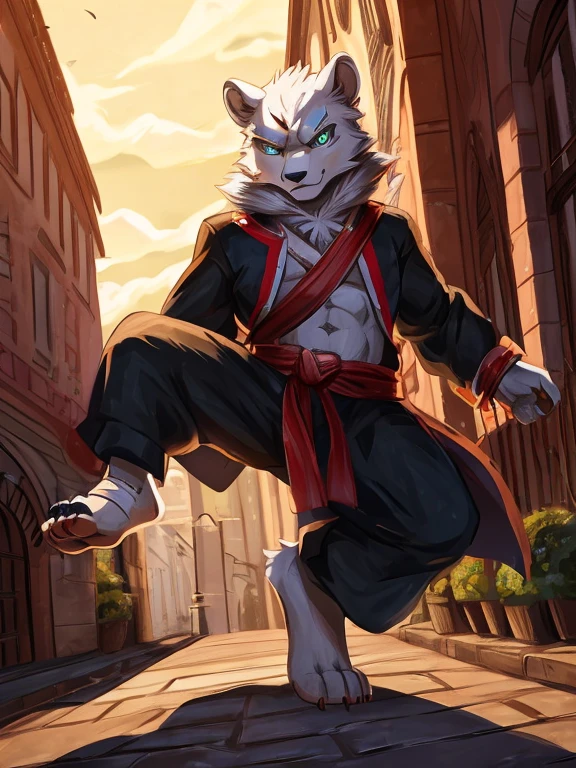 A barefoot ice bear ninja in a black kimono and delivers a powerful high kick. The detailed rendering of his bare feet with sharp claws and white fur adds to the intensity of the image. The ninja's entire figure is depicted in a dynamic pose that shows his strength and agility. Detailed paws with bandages and claws, green glow in his eyes. Background of a training ground.