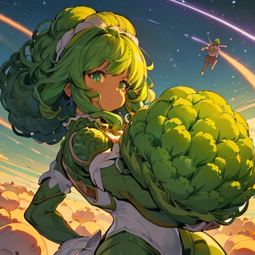 A heavily armored large Afro girl in vegetable cake armor who serves oversized vegetables.、Amazing dynamism、Amazing Angle、unstable anti-gravity sandstorm、((((A lot of friendly vegetables floating closely and chasing each other))))、((surround each other&#39;large vegetable))、(((Spiral-shaped vegetables are scattered)))、