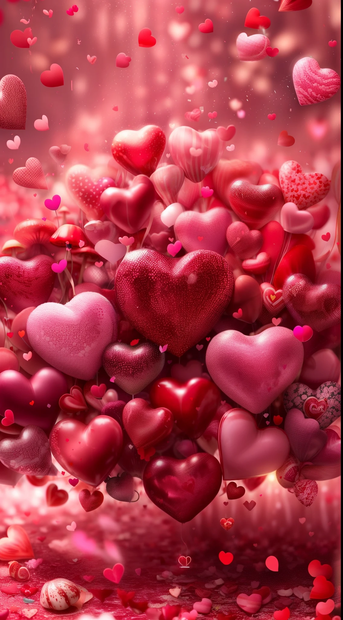 a bunch of hearts floating in the air with a lot of confetti, red hearts, many hearts, falling hearts, several hearts, hearts, heart effects, pink and red colors, pink hearts in the background, by Valentine Hugo, ❤🔥🍄🌪, love is begin of all, (heart), love in motion, lovely, 8k))