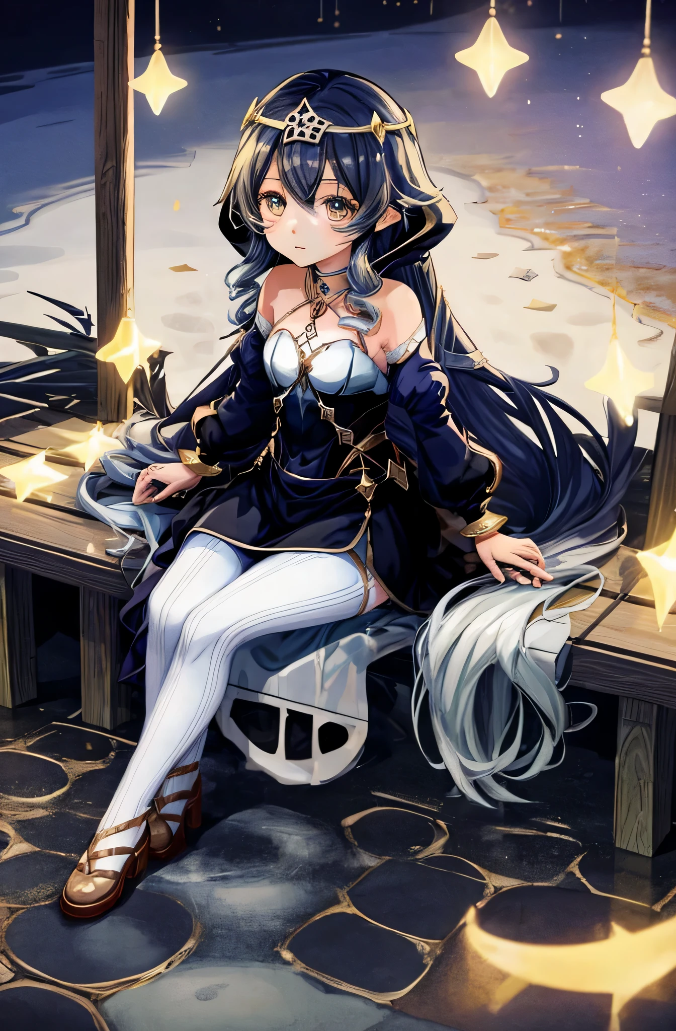 Anime manga girl in a black and white outfit sitting on a wooden bench, **** in dress, Curvy little ****, Cute anime waifu wearing nice clothes, seductive Anime manga girl, Anime cute art style, beautiful Anime manga girl, Anime manga girl wearing a black dress, cute Anime manga girl, (Anime manga girl), pretty Anime manga girl, overlooking the beach, attractive Anime manga girl