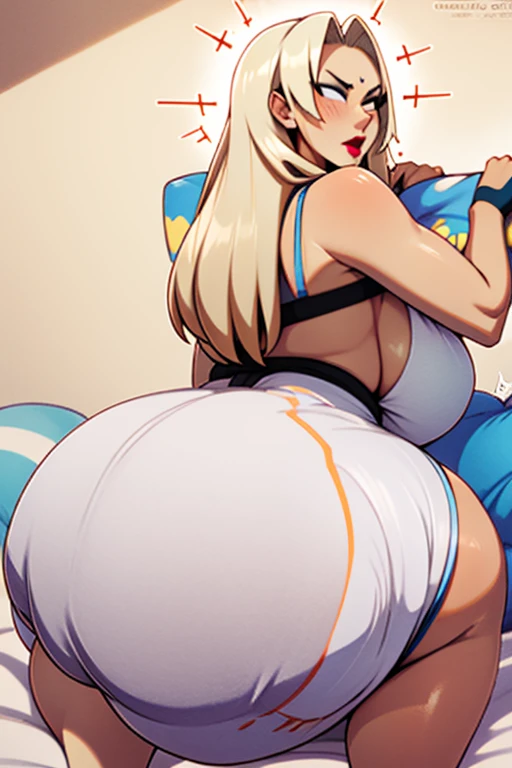 Tsunade Senju, 1 girl, ((bimbo))), long blond hair, puffy lips, painted lips, thick lips, wide hips, thick thighs, huge ass, enormous huge natural breasts, mature mom, white bra, in my bed, enormous bloated overflowing saggy beach ball diaper about to burst, groping ass, head tilted back shouting with pleasure