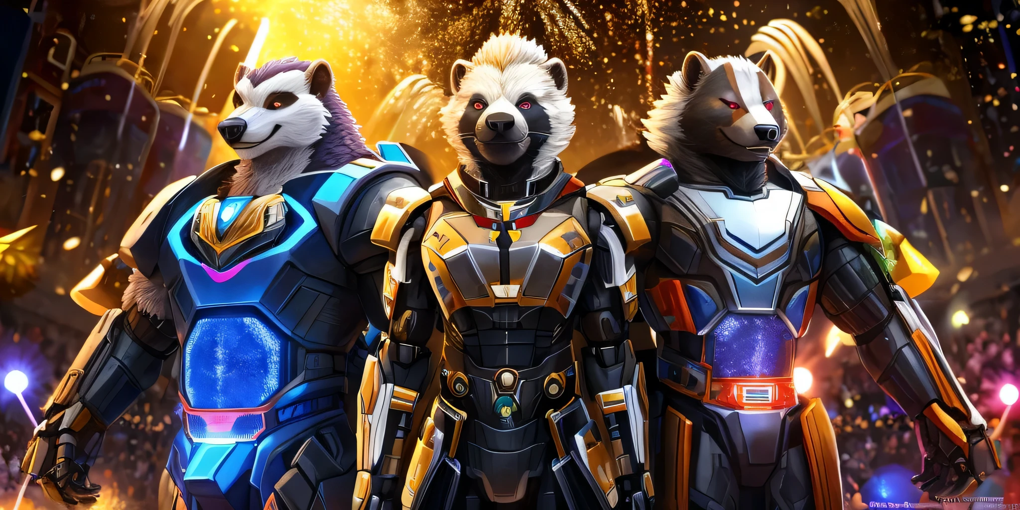 There is a majestic mecha honey badger ahead,like someone from the future,Show your royal temperament,A group of humanoid honey badgers wearing robotic suits,High definition details,New Year atmosphere