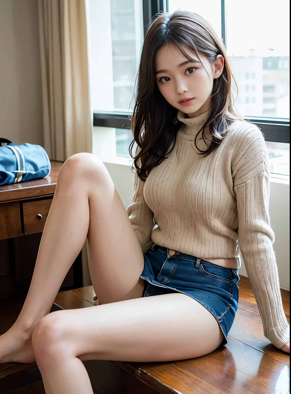 top-quality、hight resolution、ultra-detailliert、​masterpiece、Raw photography、realisitic、Photorealsitic、extremely delicate and beautiful、finely detail、Textured skin、(in hotel)、2 people,man and woman、japanese、18year old both、(((woman wearing short denim skirt and knitsweater ,man is businessman wearing suits)))、woman upskirt and Showing pink panties,detailed panties,detailed frilled panties showing、tall、light Brown hair、wavy hair,short hair,Wearing makeup、smile,(Bare legs:1.5)、perfectly proportions,lying down on the desk and spreading her legs,vaginal sex pov ,